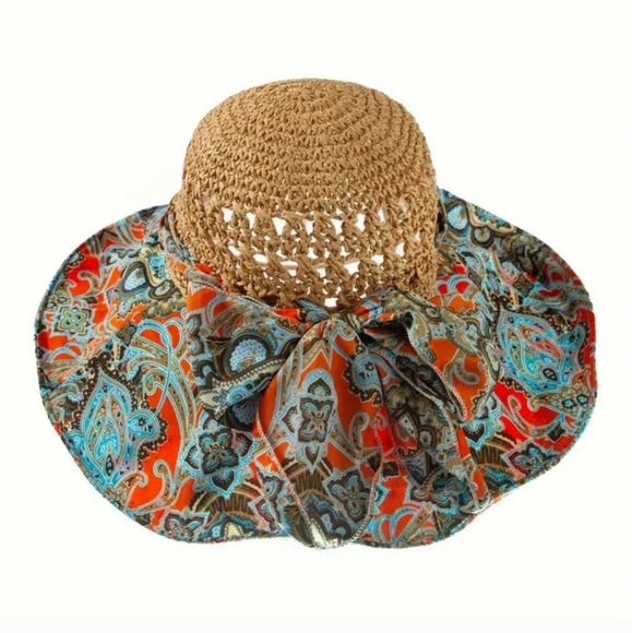 Sunhat Boho Crochet Wired Rim Cloth Weaved Bow NEW - Picture 4 of 6